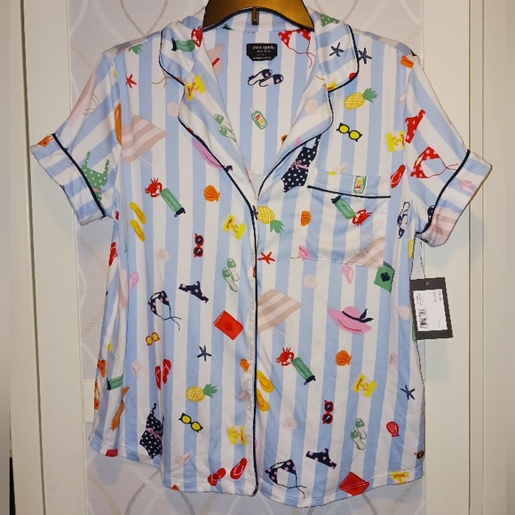 Kate Spade Aqua Stripe Pajamas Set PJ Shirt + Shorts Sleepwear KS12601T - Picture 4 of 16